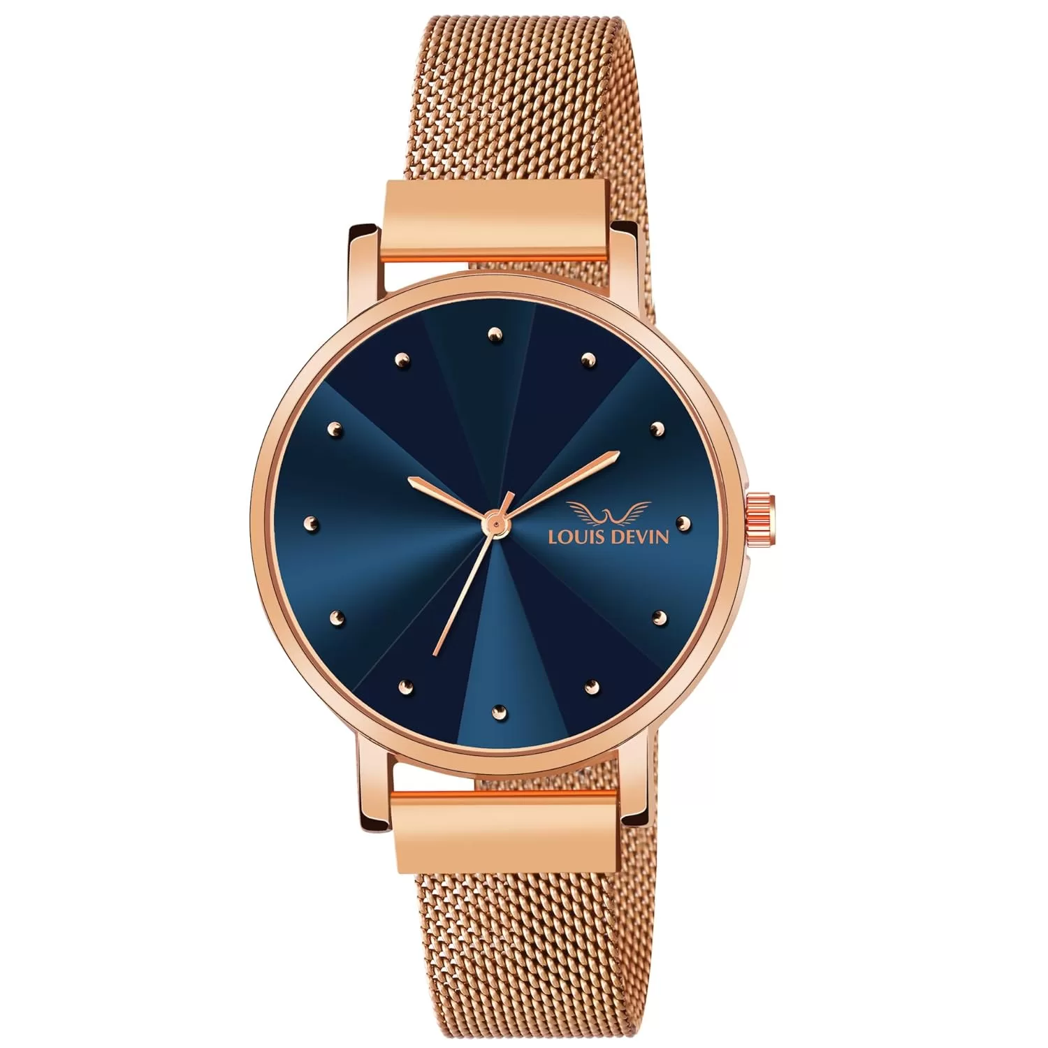 LOUIS DEVIN Rose Gold Plated Mesh Chain Analog Wrist Watch for Women (Blue/Green/Brown/Black Dial) | LD-RG173