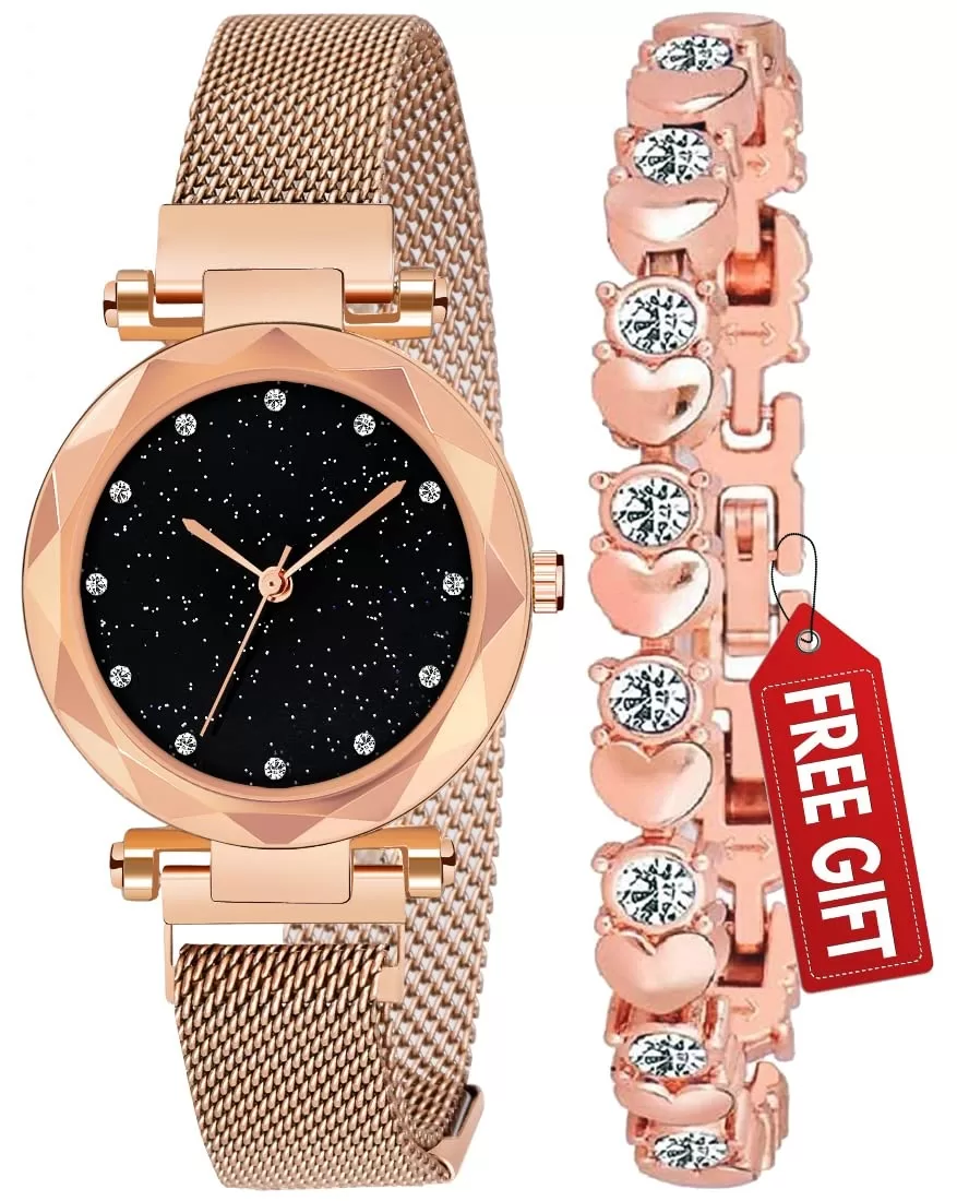 Acnos Premium Analogue Women’s Rose-Gold Magnet Watch With Rosegold Bracelet With Gift Box – Metal