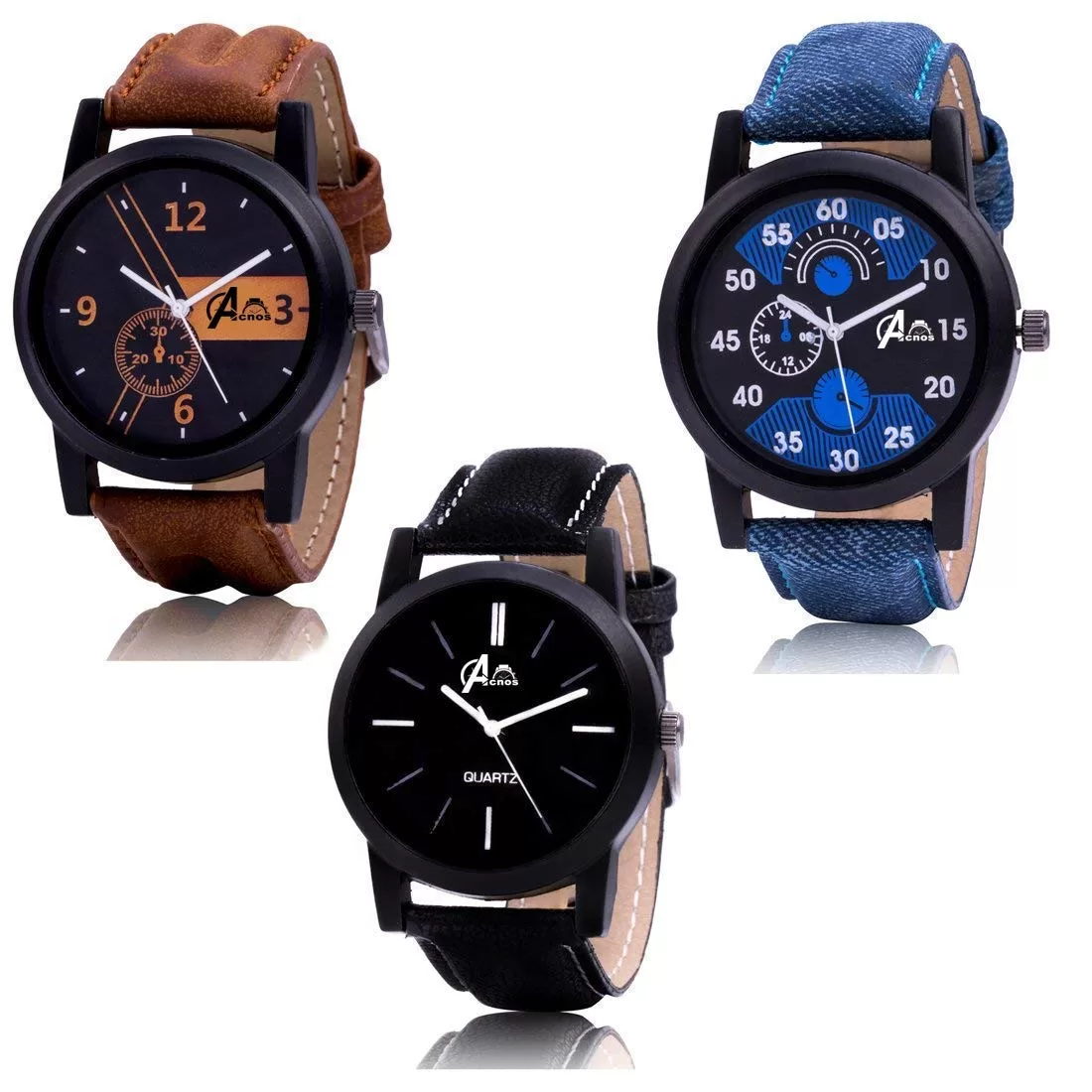 Acnos® Premium Brown Blue and Black Analog Watches for Men Pack of – 3 and Brand Box (l-01-02-05)