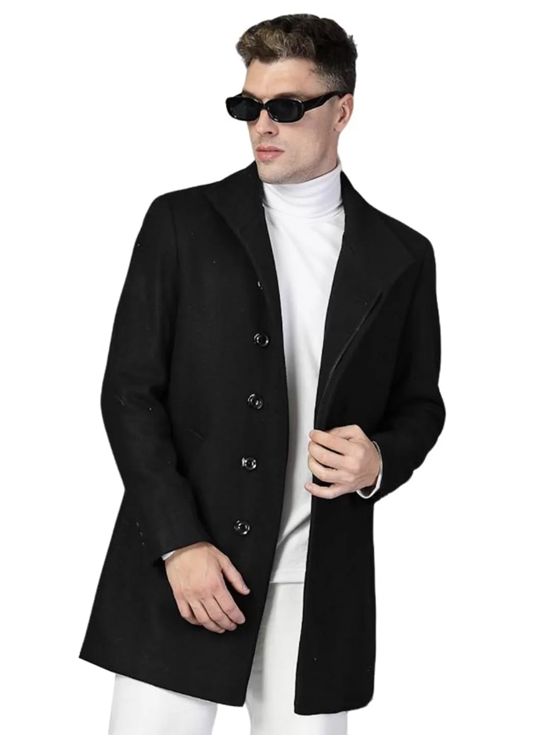 CHKOKKO Winter Wear Double Breasted Notch Lapel Tweed Pea Trench Long Coat For Men