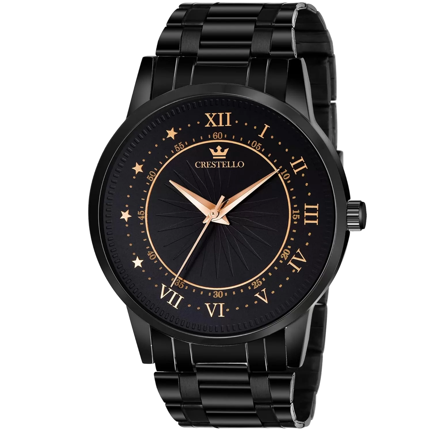 CRESTELLO BK007-CPBLK Black Dial and Band Metal Chain Analog Stainless Steel Wrist Watch for Men