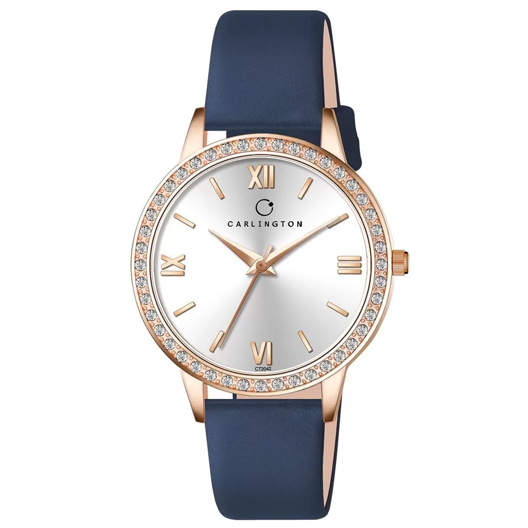 Carlington Iconic 2042 Analog Ladies Watch with Premium PU Strap, Scratch-Resistant Stainless Steel Dial, Water-Resistant, and Diamond-Studded Round Dial – Stylish Watches for Women and Girls