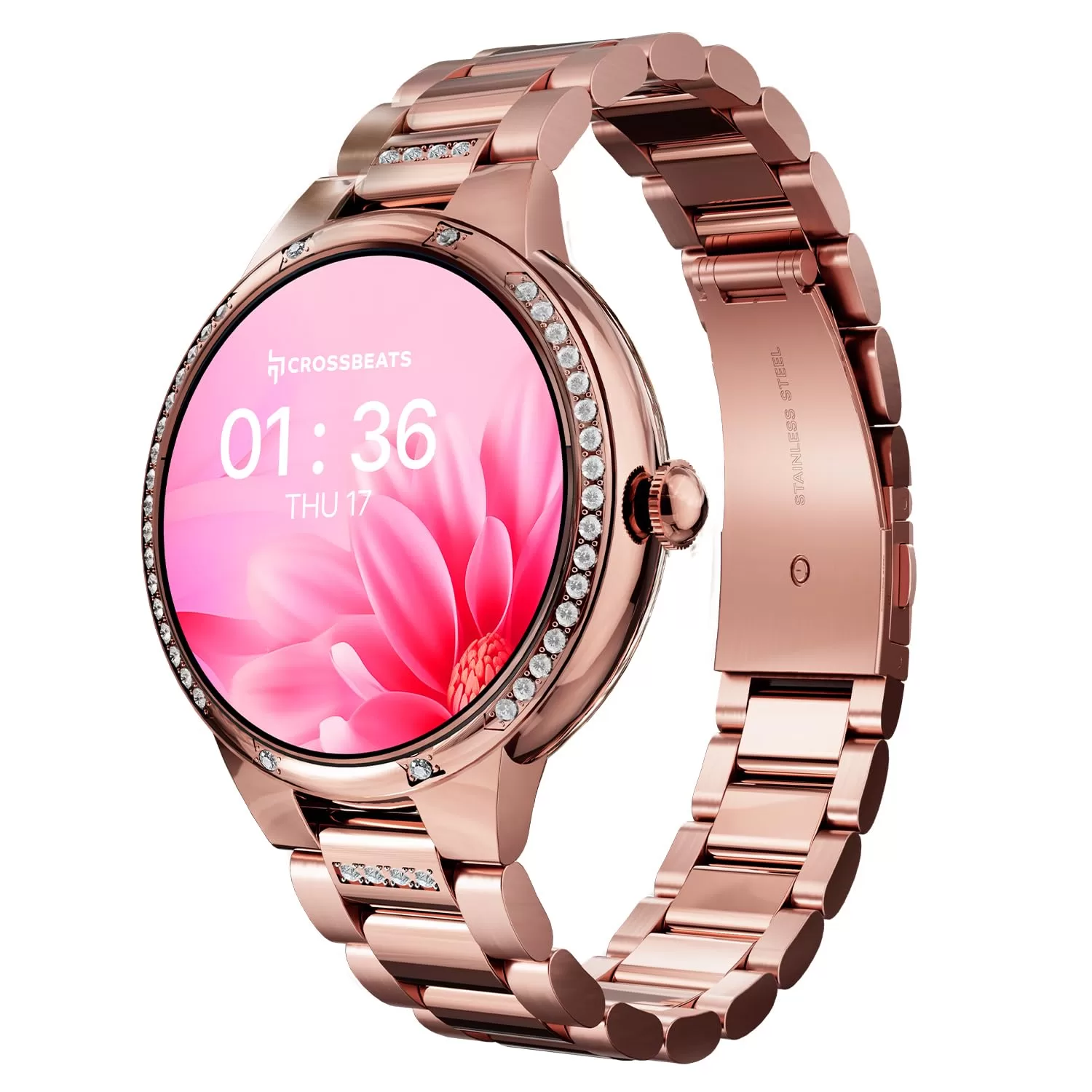 CrossBeats Diva 1.28” Stylish Smart Watch for Women with Stone Studded Bezel| Amoled Display | Female Health Tracker | 100+Sports Modes| Premium Metal Smartwatch with Wireless Charging – (Rose Gold)