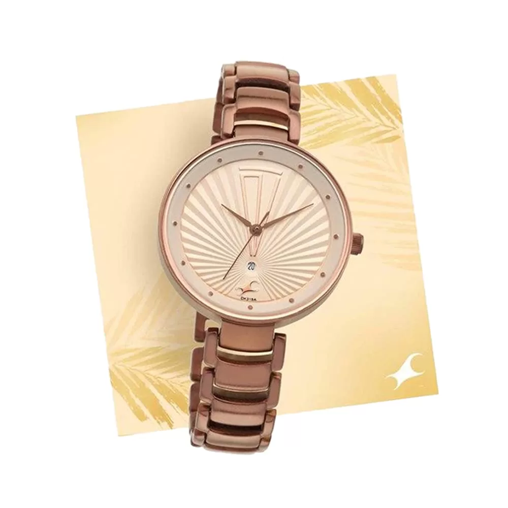 Fastrack Ruffles Quartz Analog with Date Beige Dial Stainless Steel Strap Watch for Girls-NS6216QM01