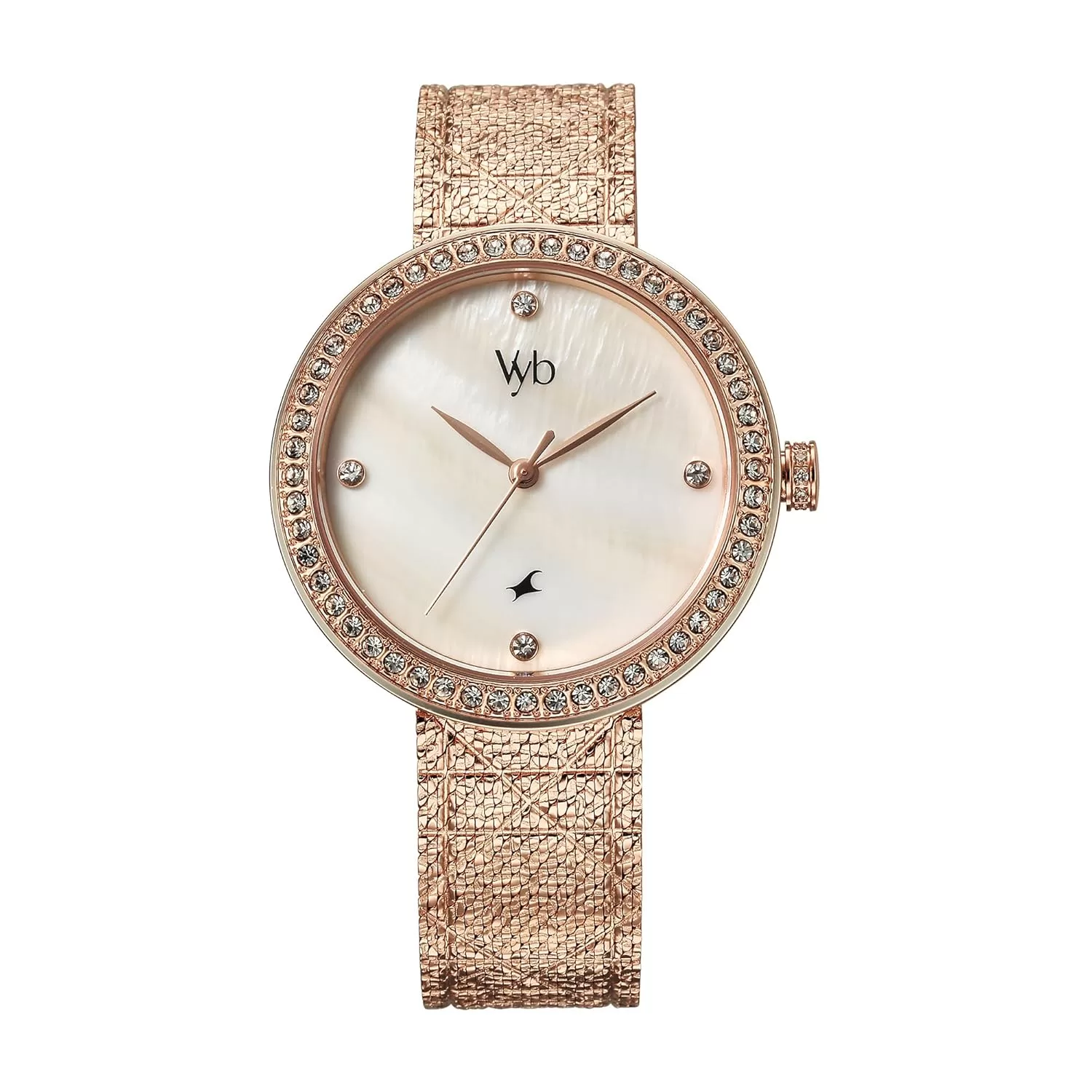 Fastrack Vyb Eclipse Quartz Analog White MOP Dial Rose Gold Mesh Strap Watch for Women-FV60056WM01W