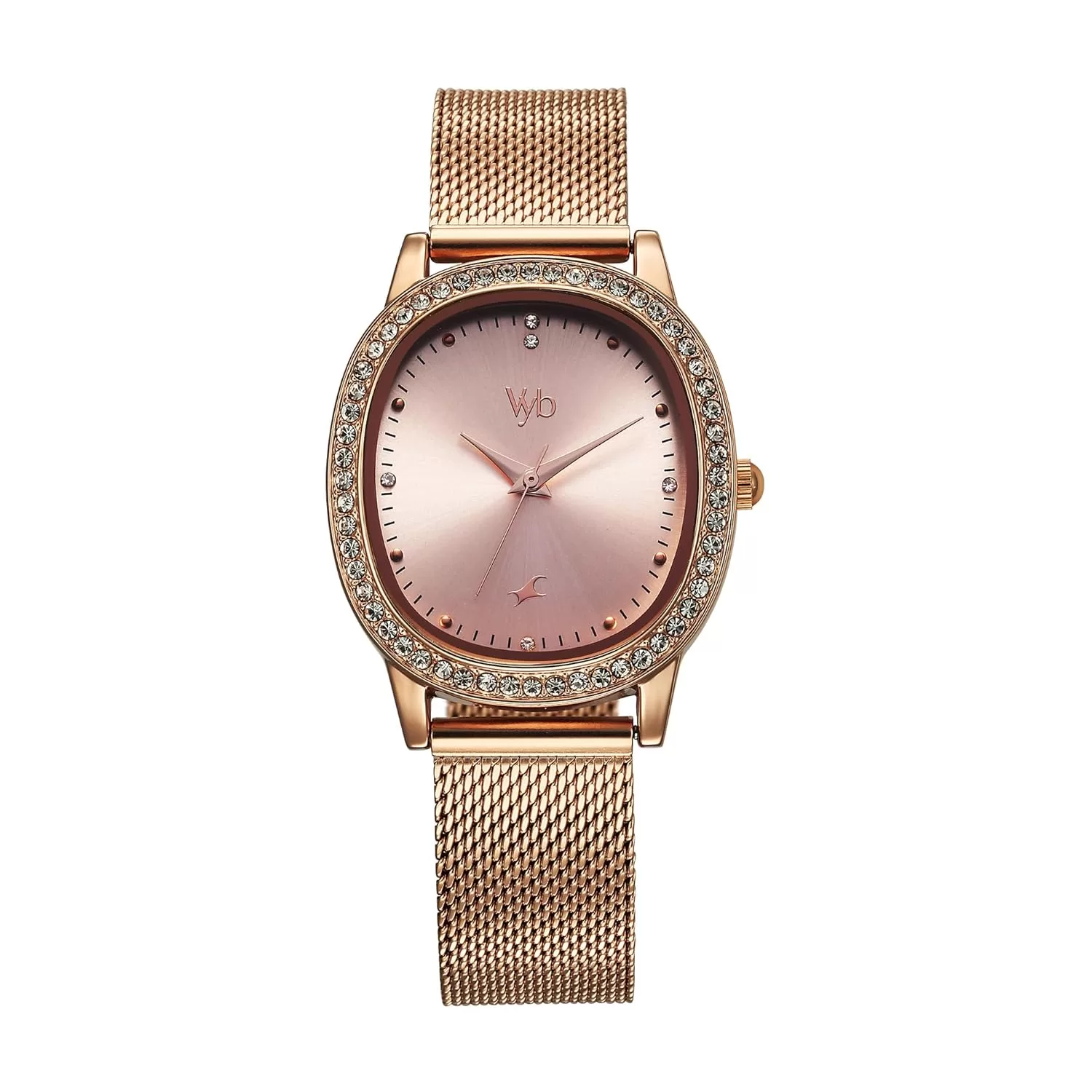 Fastrack Vyb Mirage Quartz Analog Rose Gold Dial Rose Gold + Black Mesh Strap Watch for Women-FV60049WM01W