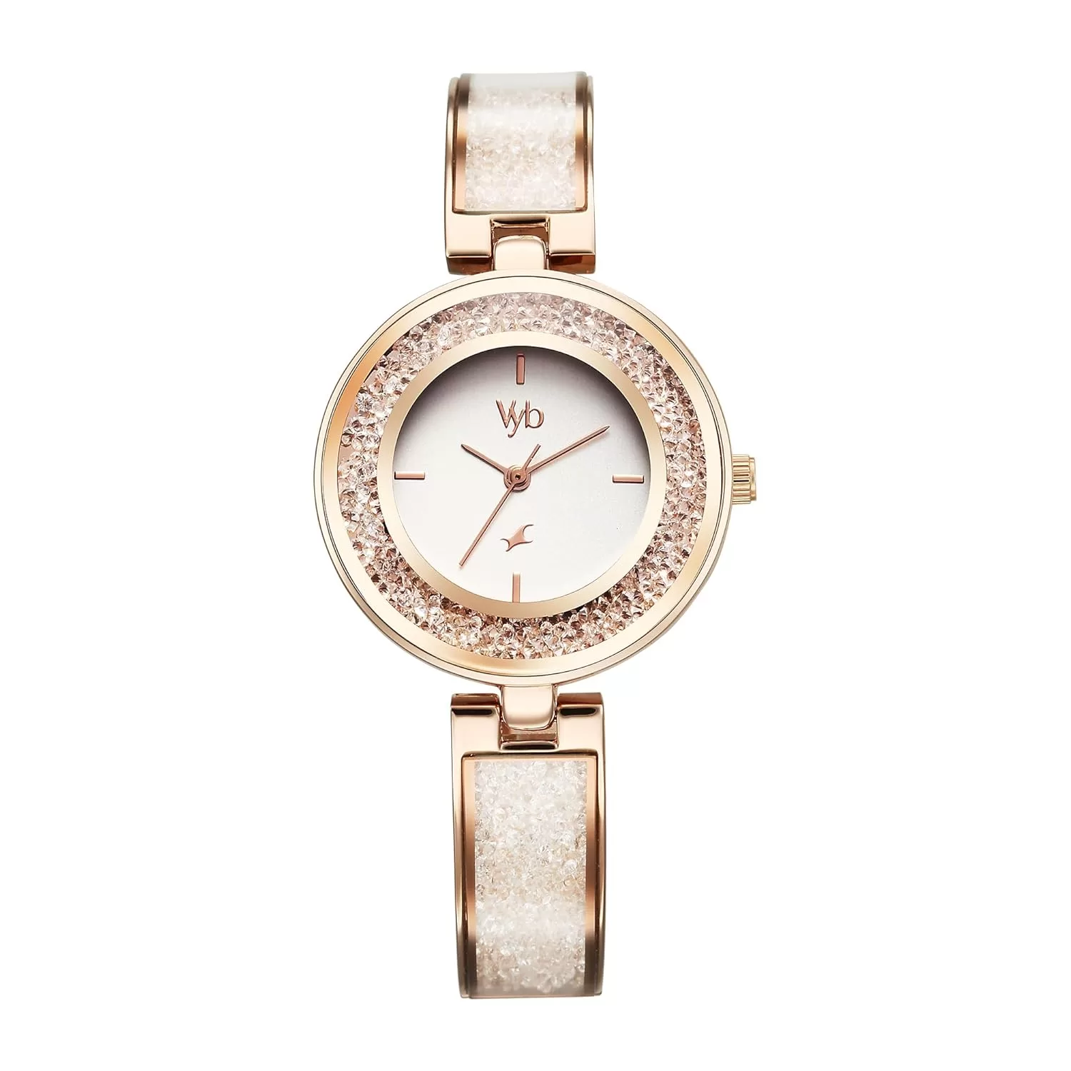 Fastrack Vyb Starlet Quartz Analog Silver White Dial Rose Gold Alloy Strap Watch for Women-FV60053WM01W