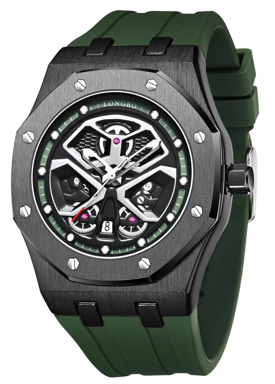 LONGBO Endurance Series Skeleton Design Analog Quartz Watch for Men with Green Silicon Strap and Octagonal Alloy Case with Screw Detailing | Gift for Men