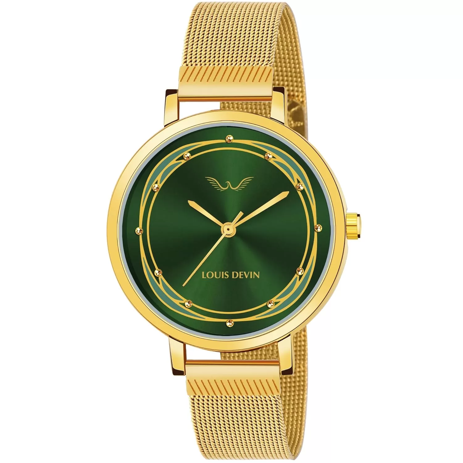 LOUIS DEVIN Gold Plated Metal Mesh Chain Analog Watch for Women (Green/Gold/Blue Dial) | LD-GLD171