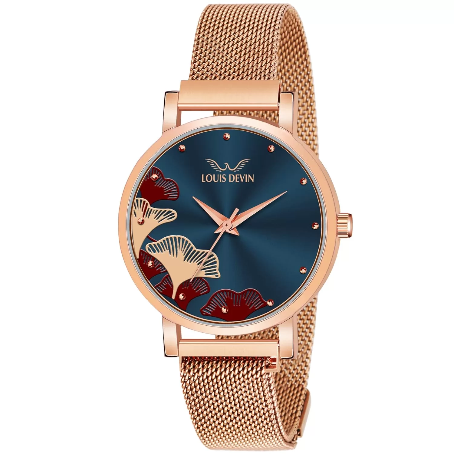 LOUIS DEVIN Rose Gold Plated Mesh Chain Analog Wrist Watch for Women (Black/Blue/Rose Gold Dial) | RG162