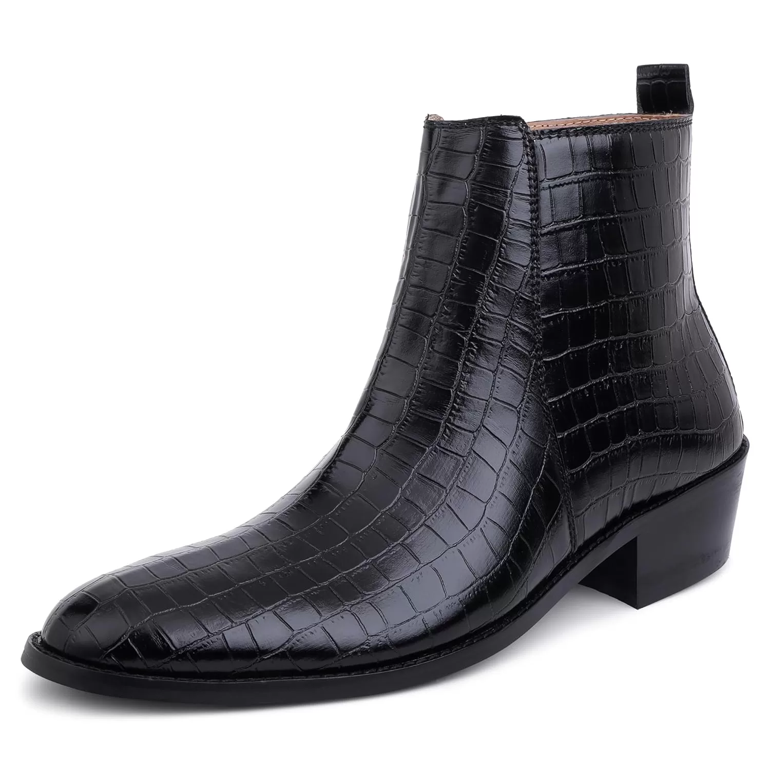 LOZANO Black Croco Print Embossed Leather Chelsea Boots for Men with ZIip Fastening | High Ankle Handcrafted Chelsea Boots