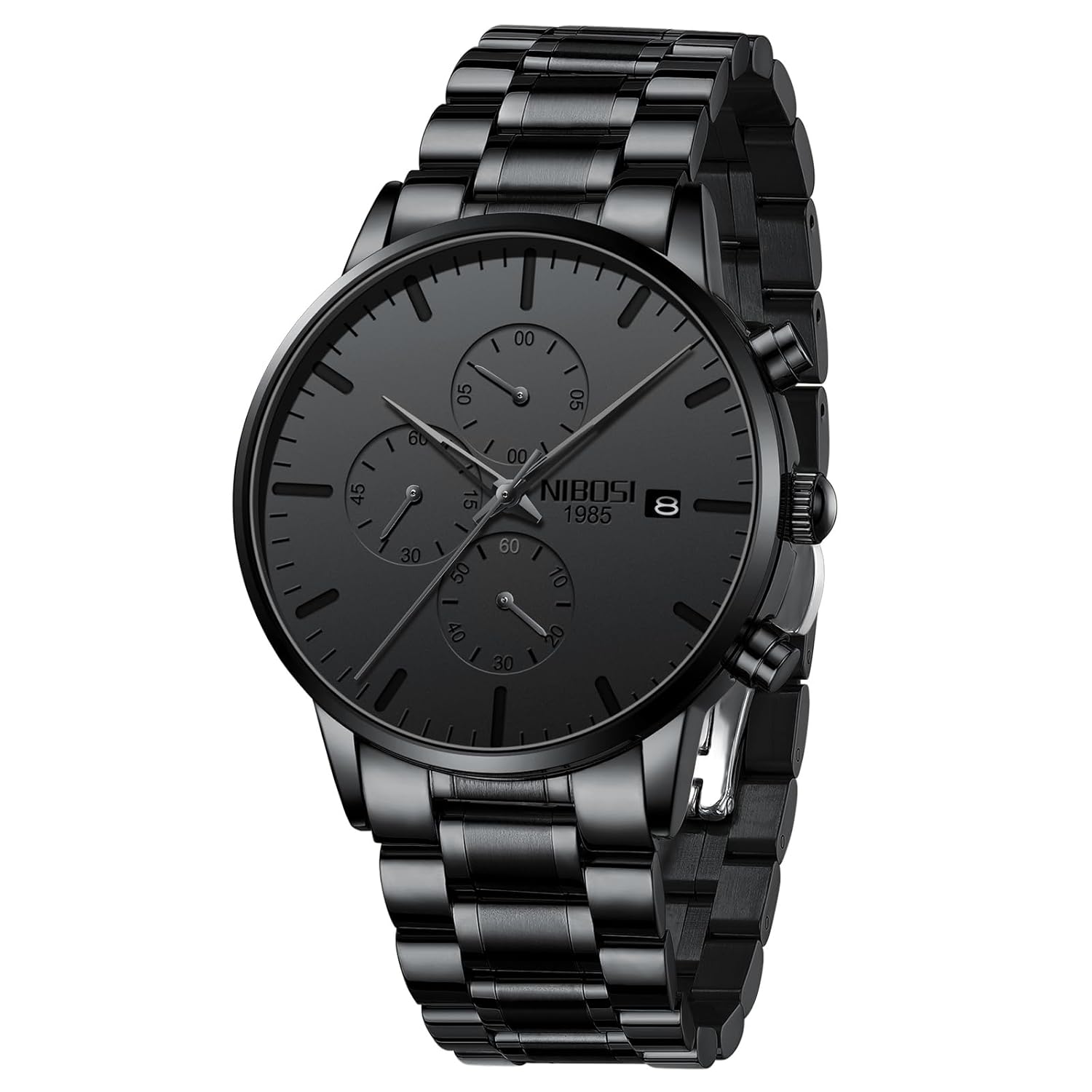 NIBOSI Men’s Watches Analog Minimalist Black Dial Watches for Men Business Chronograph Casual Watches with Stainless Steel Strap Date