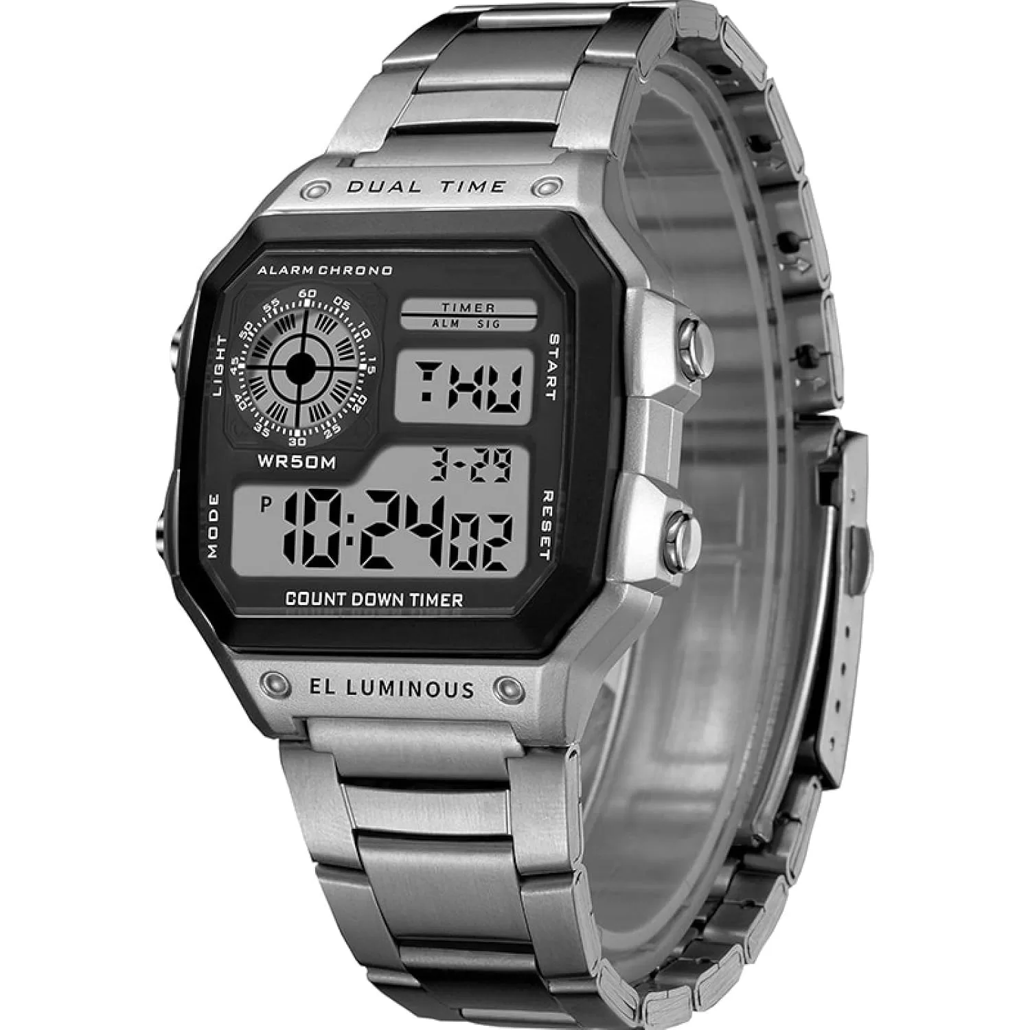 Shocknshop Digital Sports Square Black Dial Stainless Steel Strap Unisex Watch (Black Dial & Silver Colored Strap) -WCH53