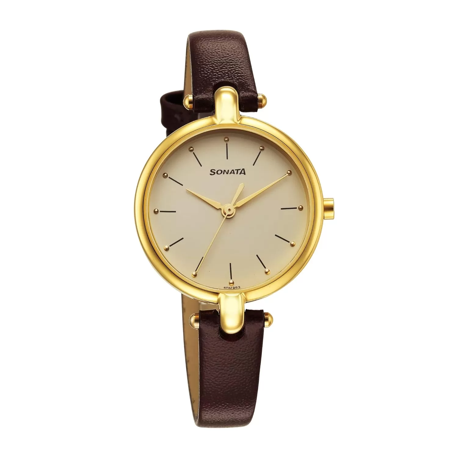 Sonata Gold Edit Champagne Dial Women Watch with Leather Strap-NR87043YL02W