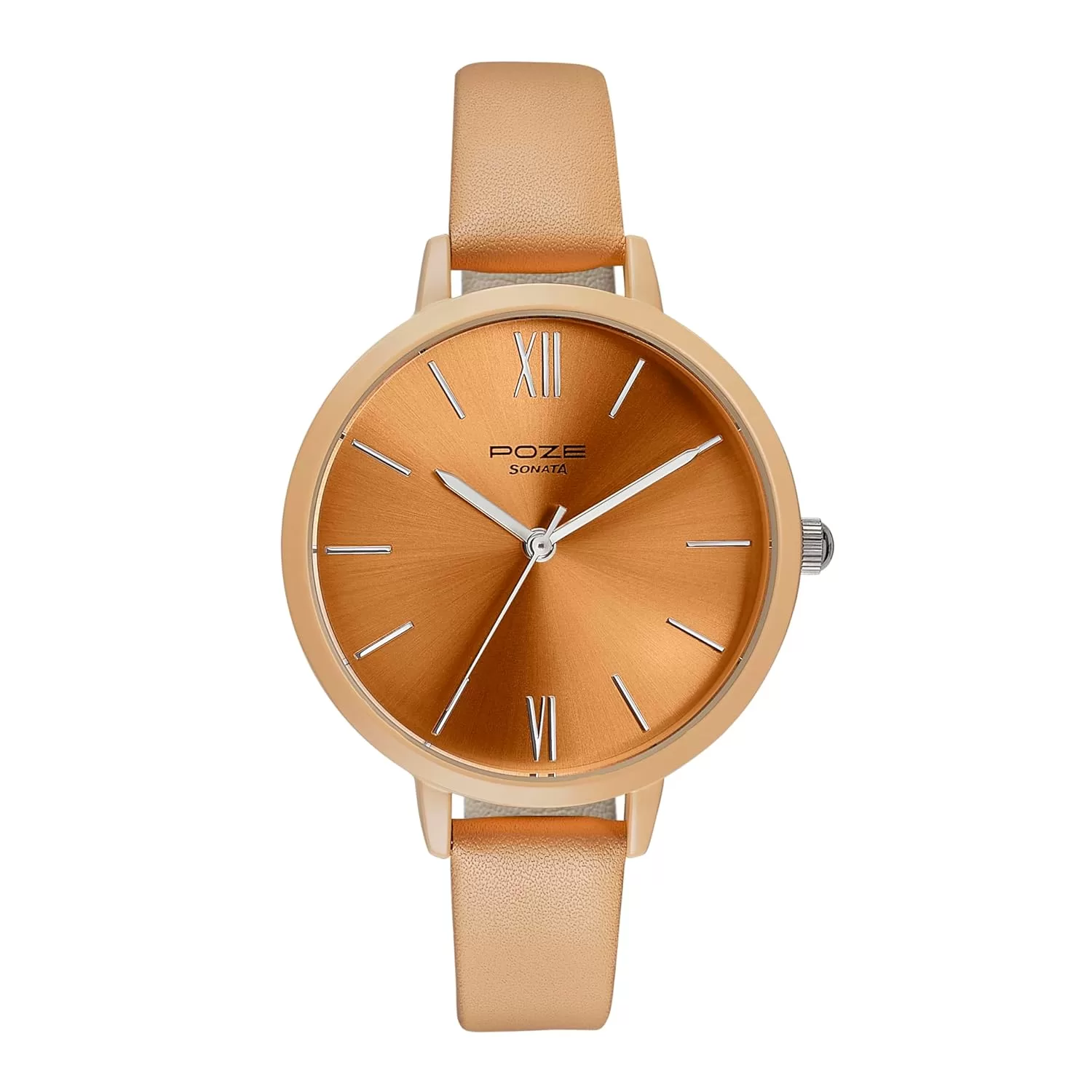 Sonata Poze Quartz Analog Brown Dial Leather Strap Watch for Women-SP80075KL03W