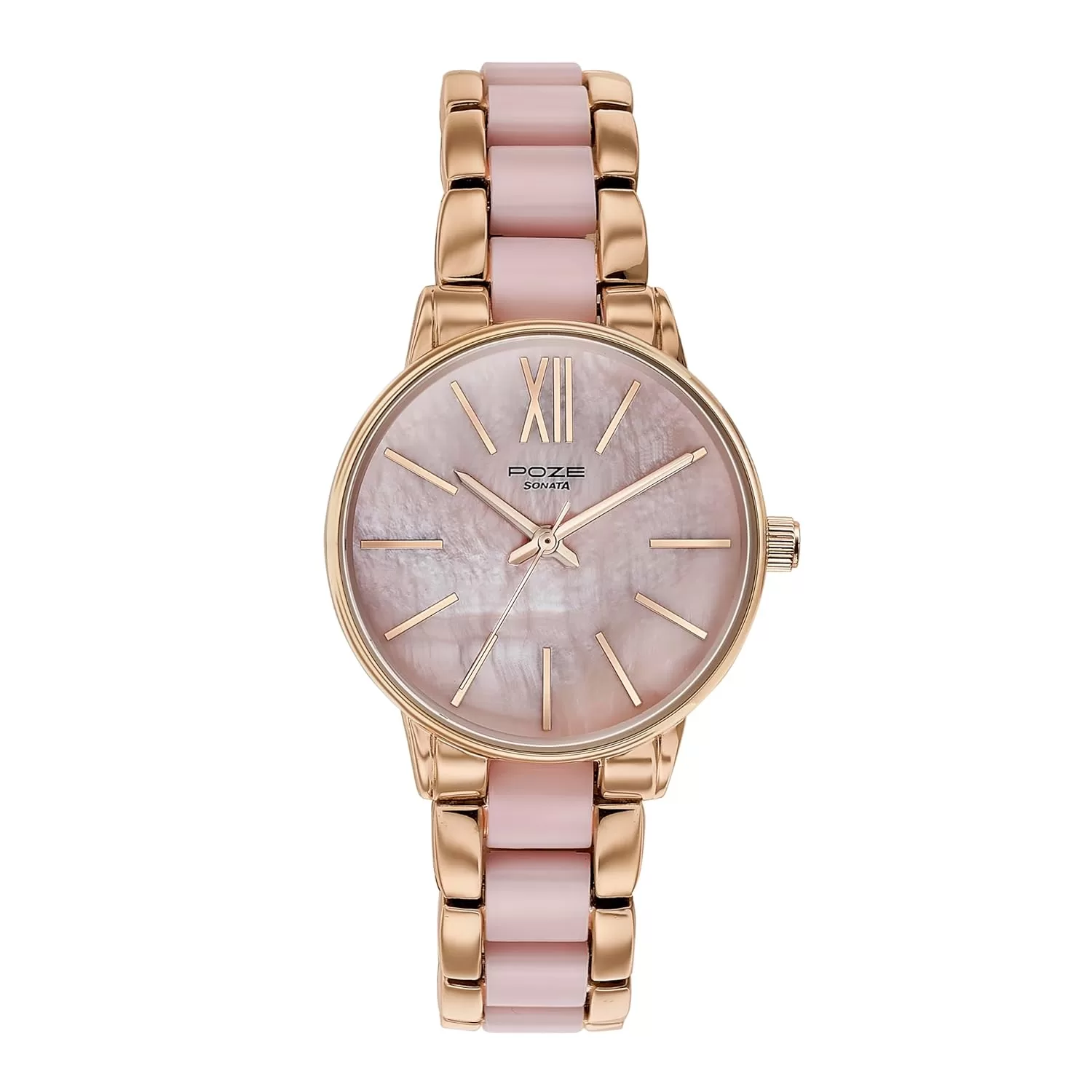 Sonata Poze Quartz Analog Mother of Pearl Dial Metal & Plastic Strap Watch for Women-SP80051KD01W