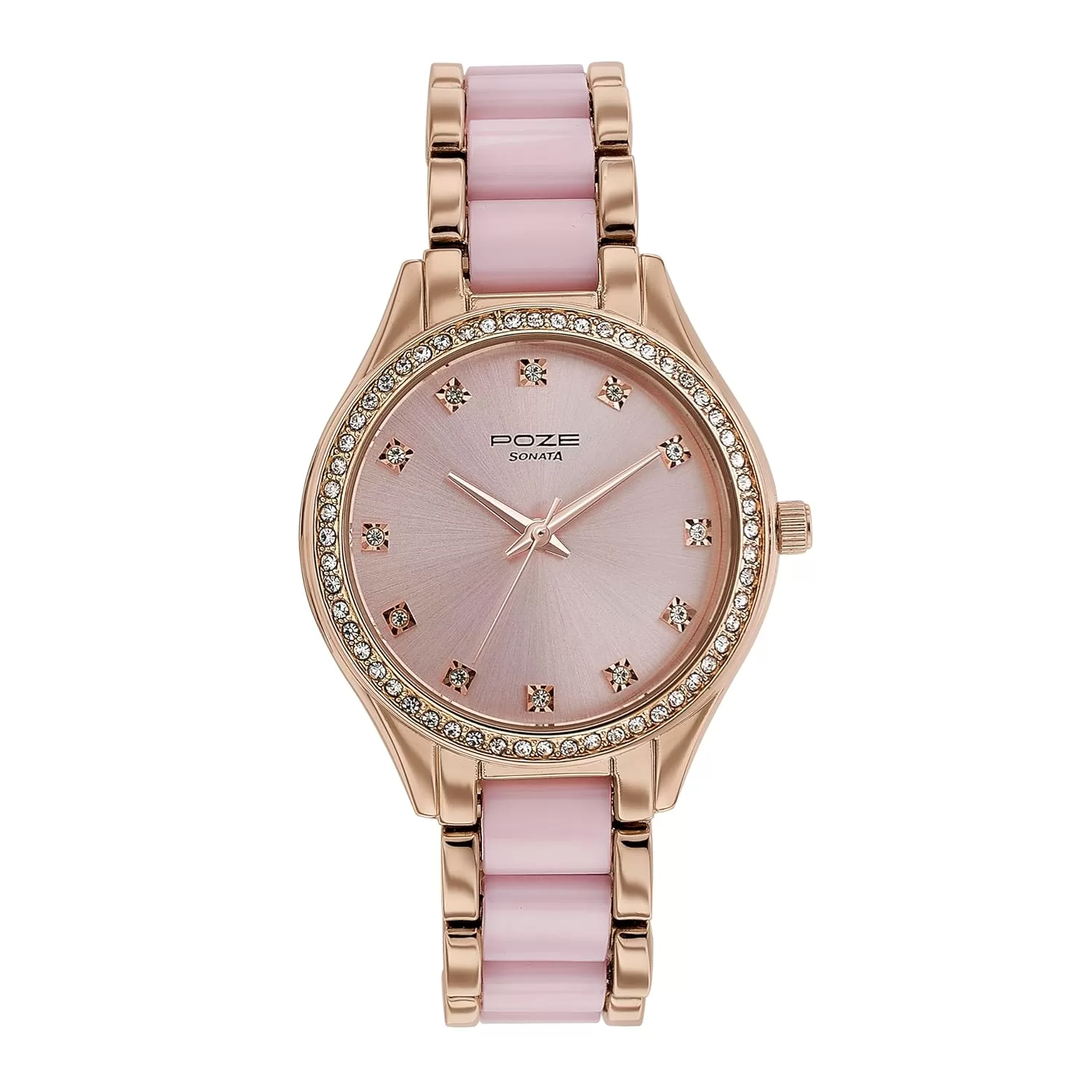 Sonata Poze Quartz Analog Pink Dial Metal & Plastic Strap Watch for Women-SP80054KD01W