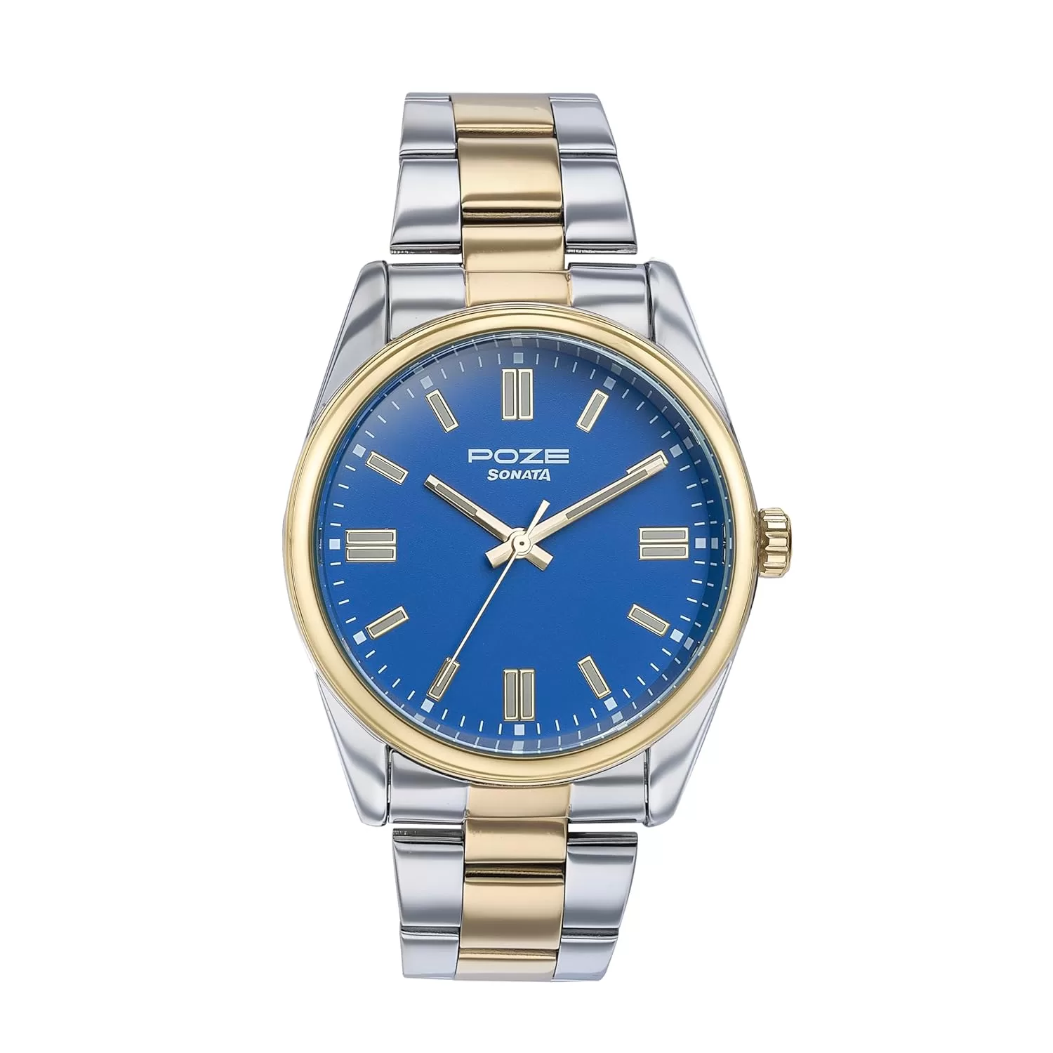 Sonata Poze Quartz Blue Dial Gold+Steel Metal Strap for Men-SP70033BM01W