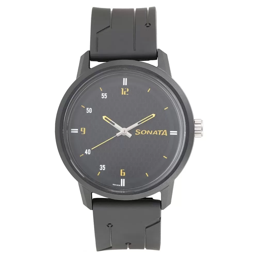 Sonata Quartz Analog Black Dial Plastic Strap Watch for Men-NS77085PP03W