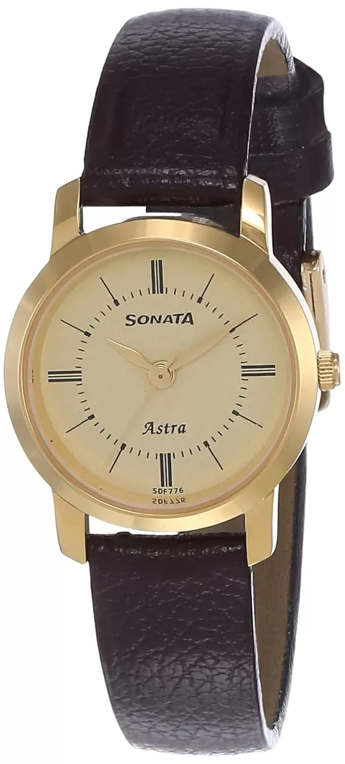 Sonata Women Leather Light Champagne Dial Analog Watch-Nr87018Yl01W, Band Color-Brown