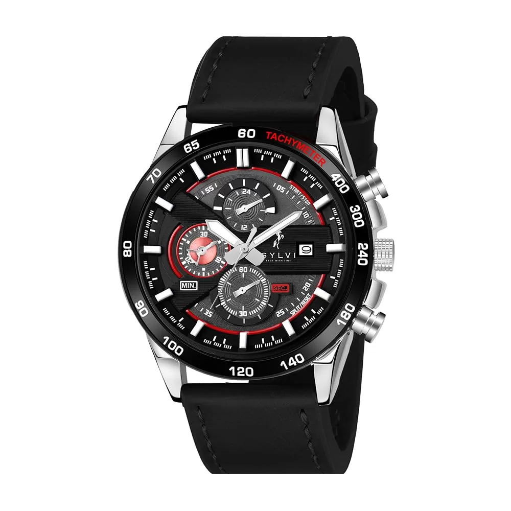 Sylvi Timegrapher Red Luxury Business Casual Party-Wear Leather Strap Chronograph Date Display Watch for Men | Working Chronograph Watch for Men – 556 Red Leather