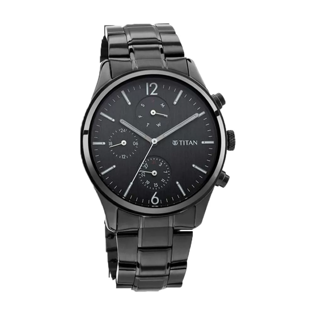 Titan Men’s Metropolitan Charm: Men’s Multifunctional Black Watch with Metallic Accents-NS1805NM02