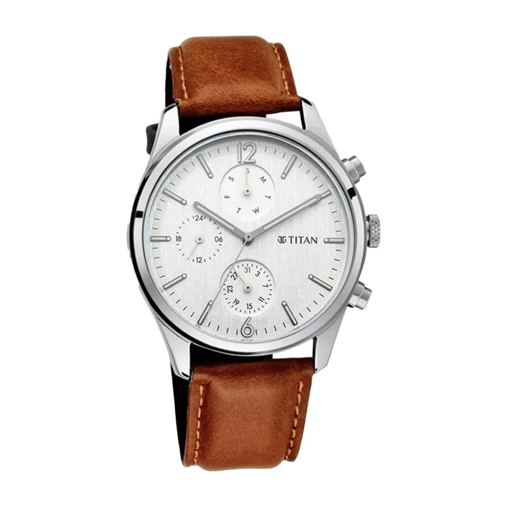 Titan Men’s Metropolitan Charm: Men’s Multifunctional White Dial , Brown leather strap-NS1805SL04