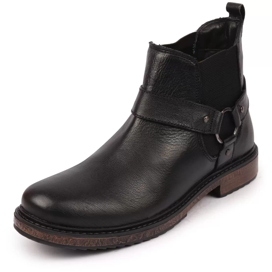 FAUSTO Men’s High Ankle Genuine Leather Side Ring Buckle Slip On Chelsea Work Boots