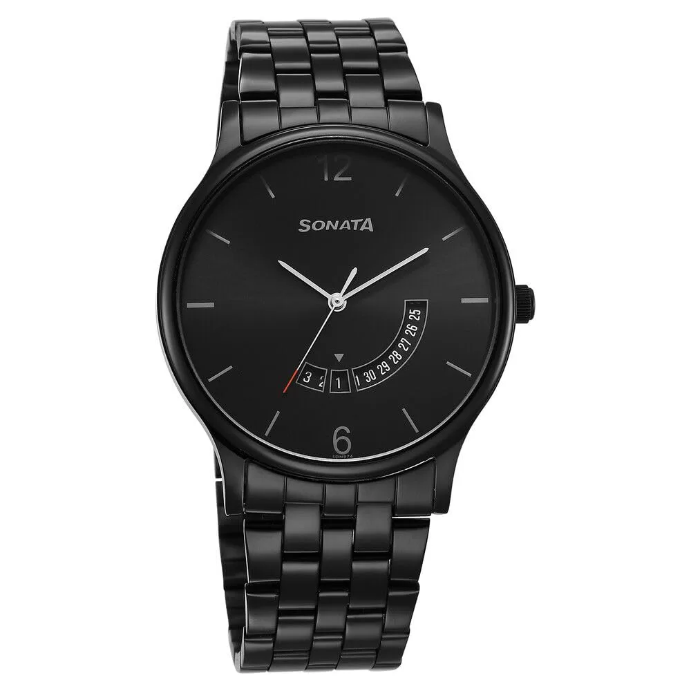 Fastrack Stainless Steel Sonata Quartz Analog with Date Black Dial Watch for Men-Ns77105Nm01