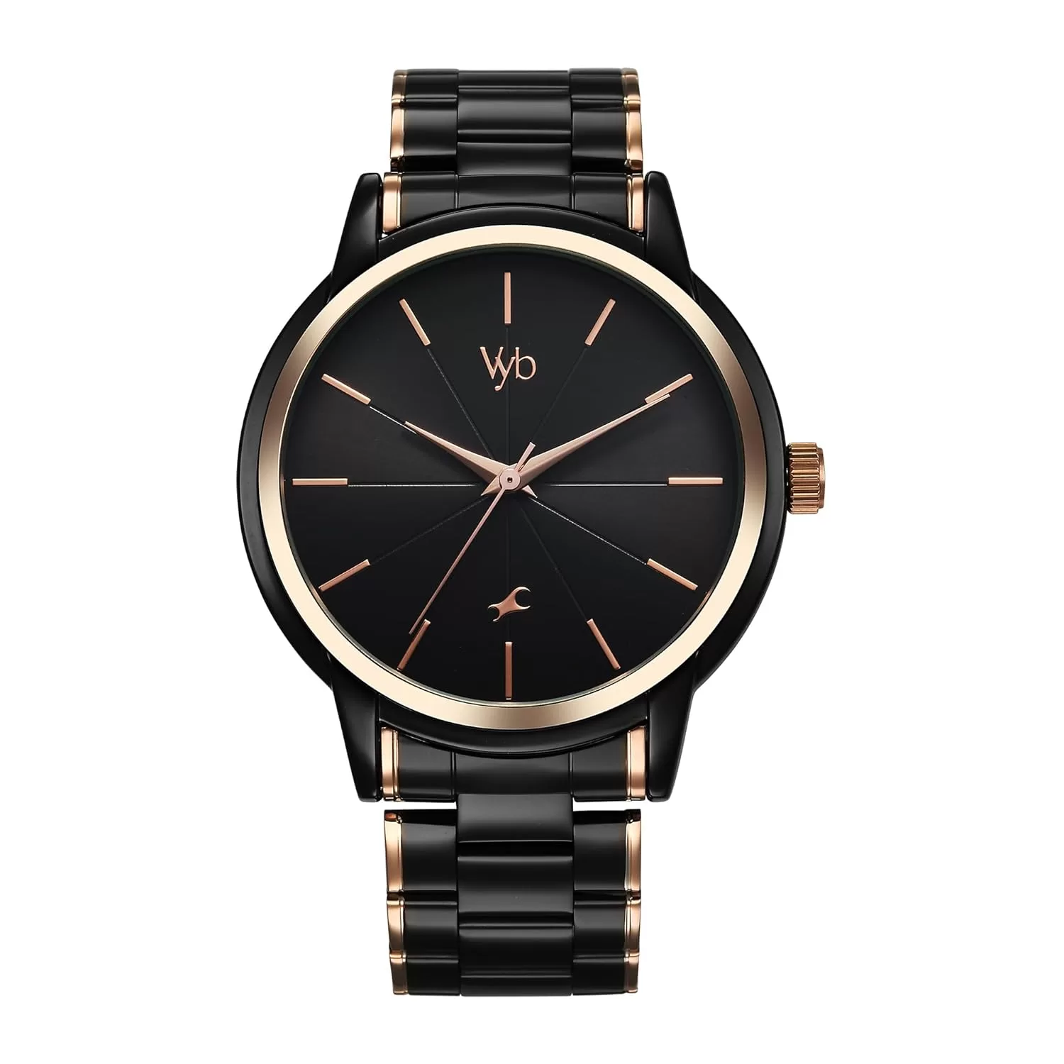 Fastrack Vyb Quartz Analog Black Dial Rose Gold + Black Sheet Metal Strap Watch for Men-FV30005KM01W