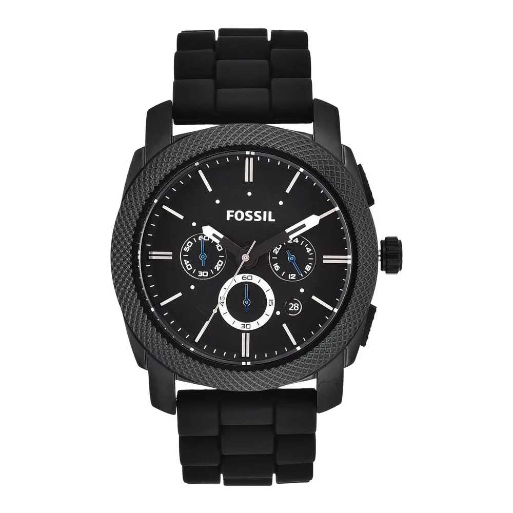 Fossil Men Silicone Machine Chronograph Black Dial Watch-Fs4487, Band Color-Black