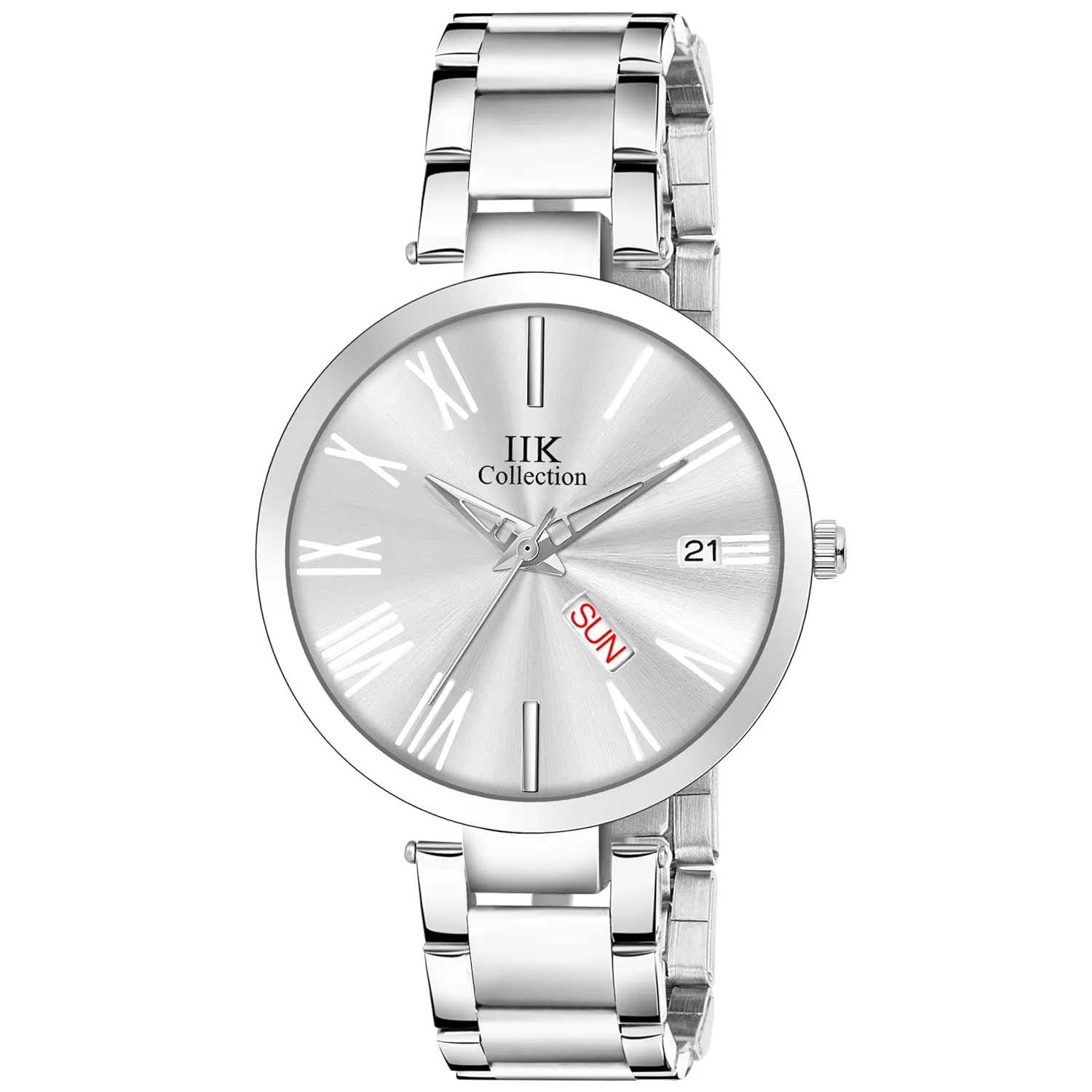 IIK COLLECTION Watches for Women Round Studded Dial |Day and Date Quartz Movemnet |Long Battery Life|Stainless Steel Bracelet Chain Strap|Double Lock Clasp Safety Watches for Girls