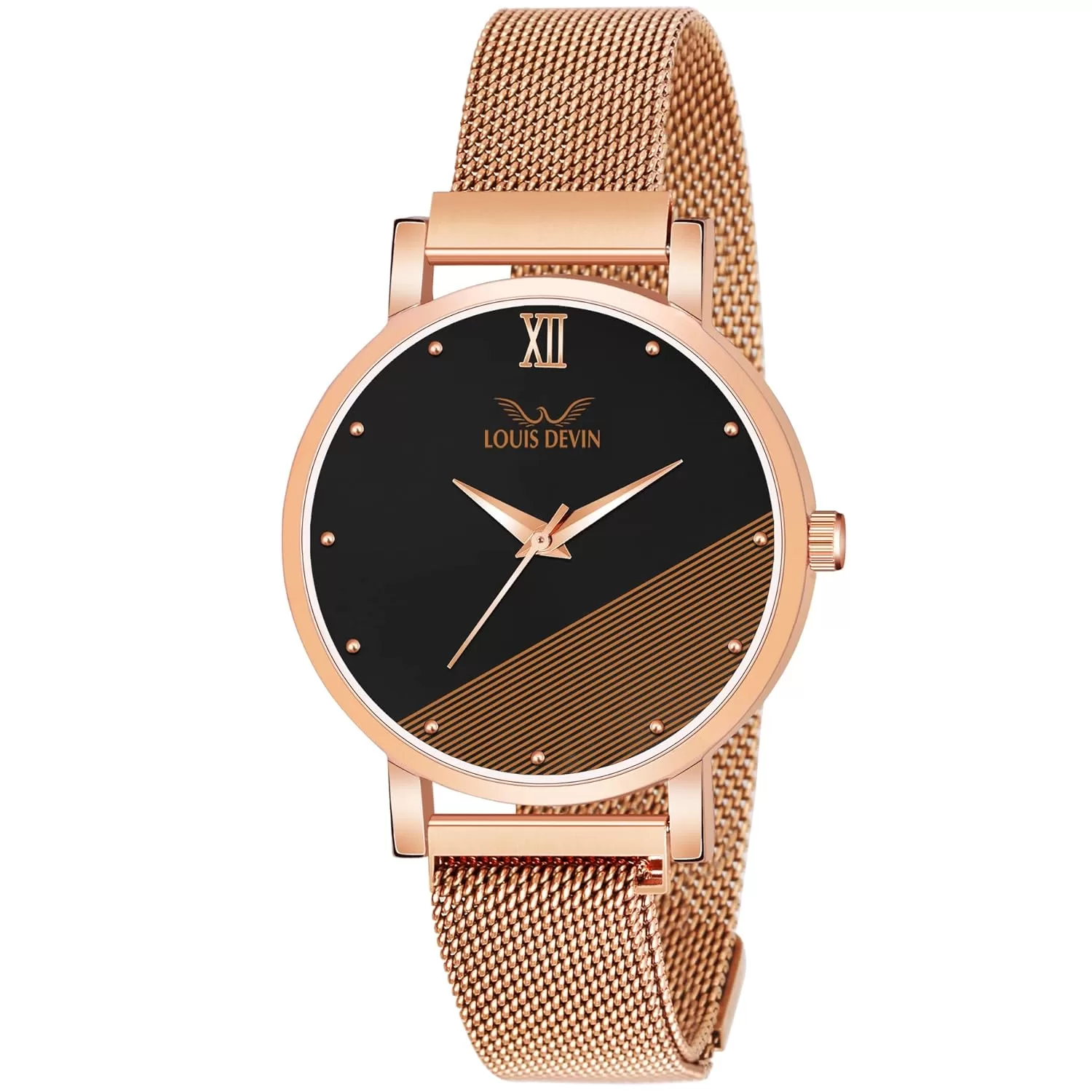 LOUIS DEVIN Black Dial and Rose Gold Plated Band Mesh Chain Analog Wrist Stainless Steel Watch for Women -RG142-BLK