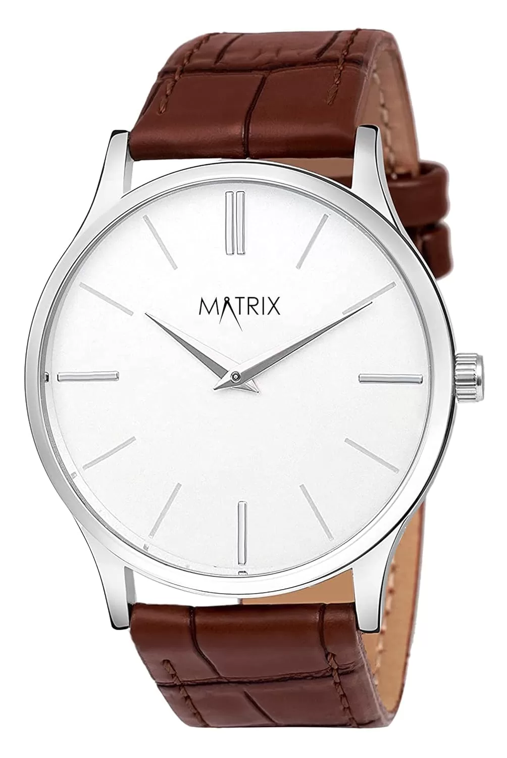 Matrix Men’s Signature Two Hands & Cut Glass with Leather Strap Analog Watch ( Black / White Dial )