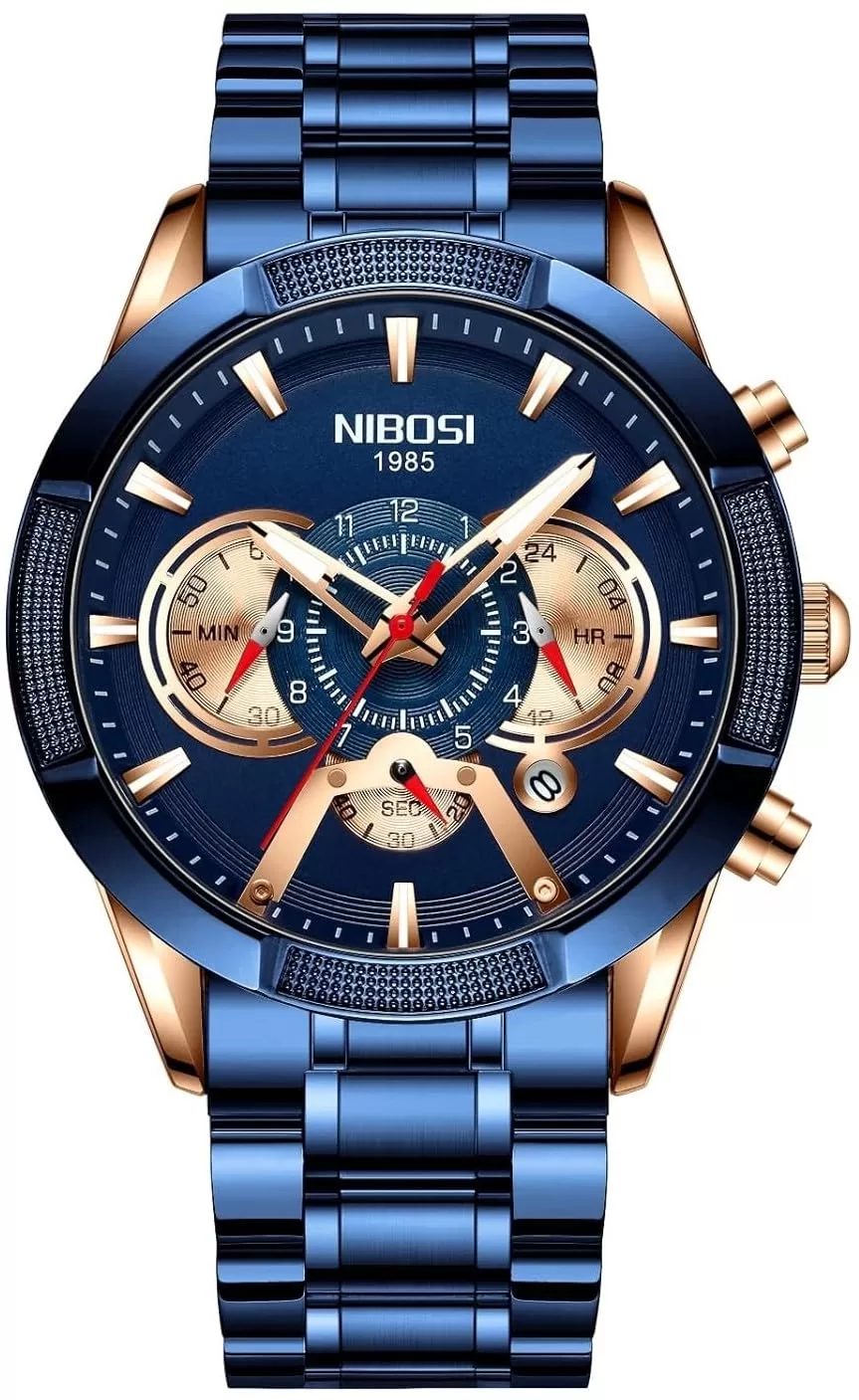 NIBOSI Stainless Steel Blue and Gold Fashion Chronograph Calendar Watch for Men