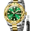 OLEVS Mens Wrist Watch Green Big Face Luxury Dress Stainless Steel Analog Quartz Waterproof Chain Watch for Men Date