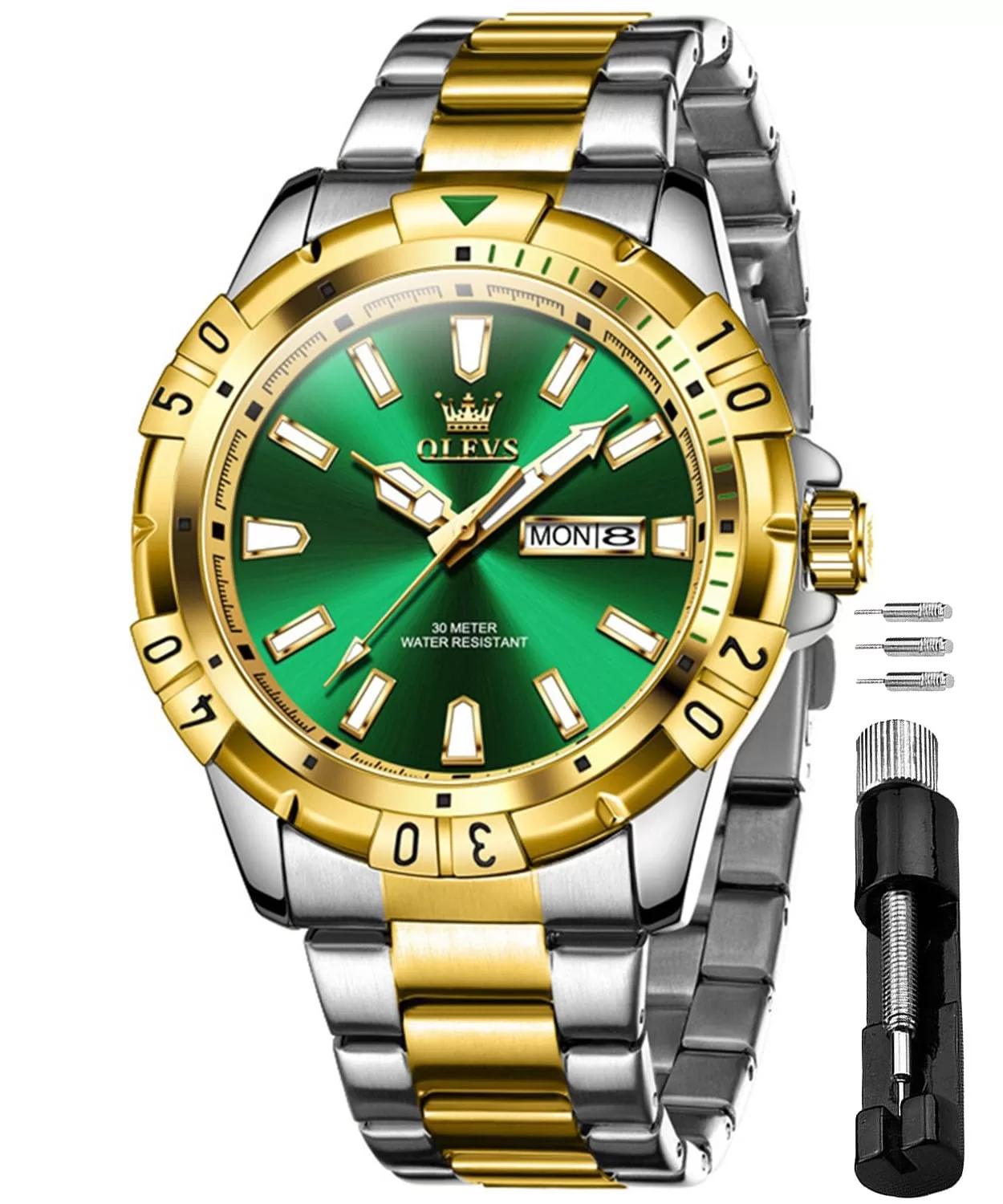 OLEVS Mens Wrist Watch Green Big Face Luxury Dress Stainless Steel Analog Quartz Waterproof Chain Watch for Men Date