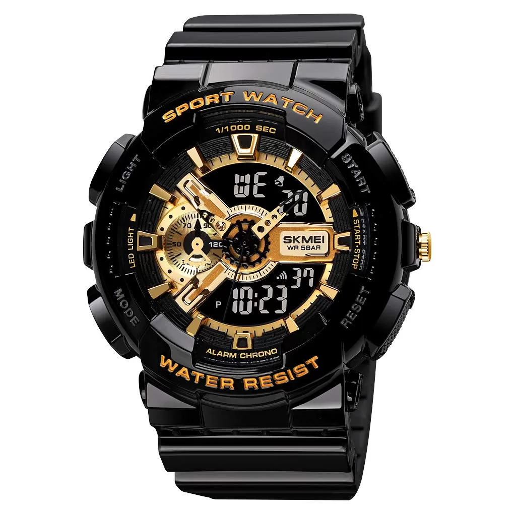 SKMEI Resin Men Digital Sports Watch, Led Square Large Face Analog Quartz Wrist Watch with Multi-Time Zone Waterproof Stopwatch, Gold Dial, Black Band