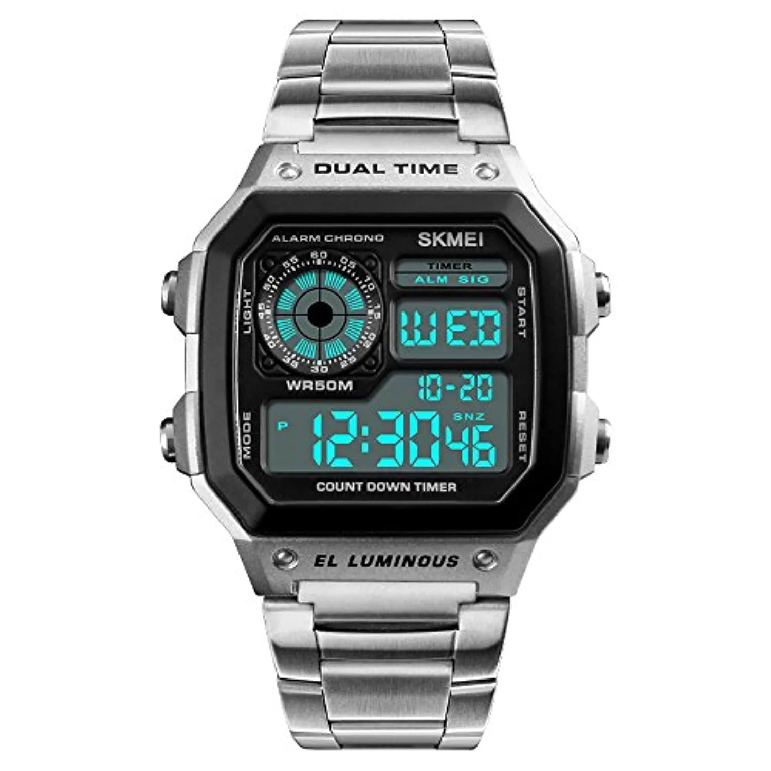 SKMEI Stainless Steel Digital White Dial Men’s Watch-1335 Silver, Band Color-Silver