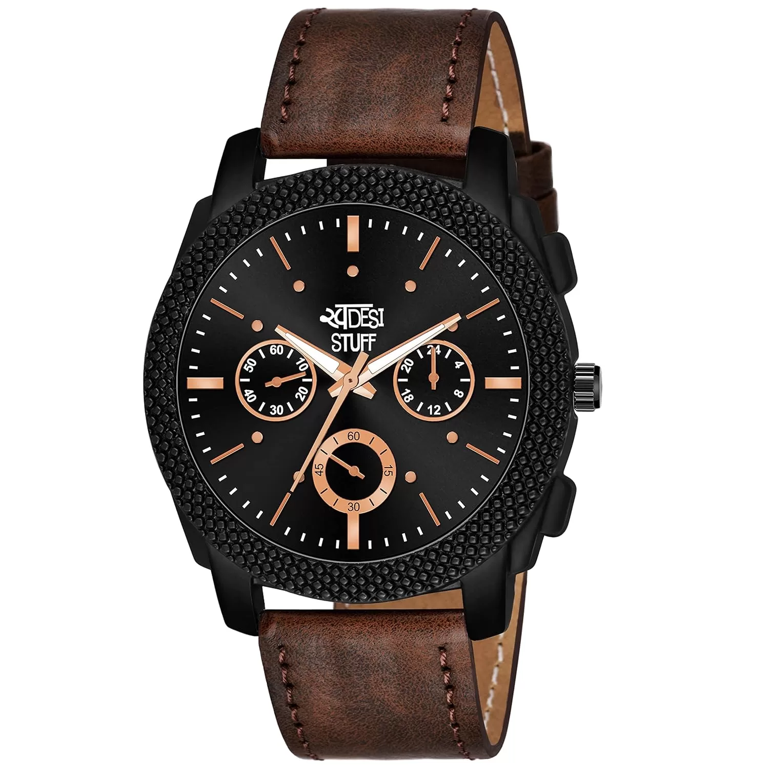 SWADESI STUFF Black Dial Brown Leather Strap Stylish Analog Watch for Men