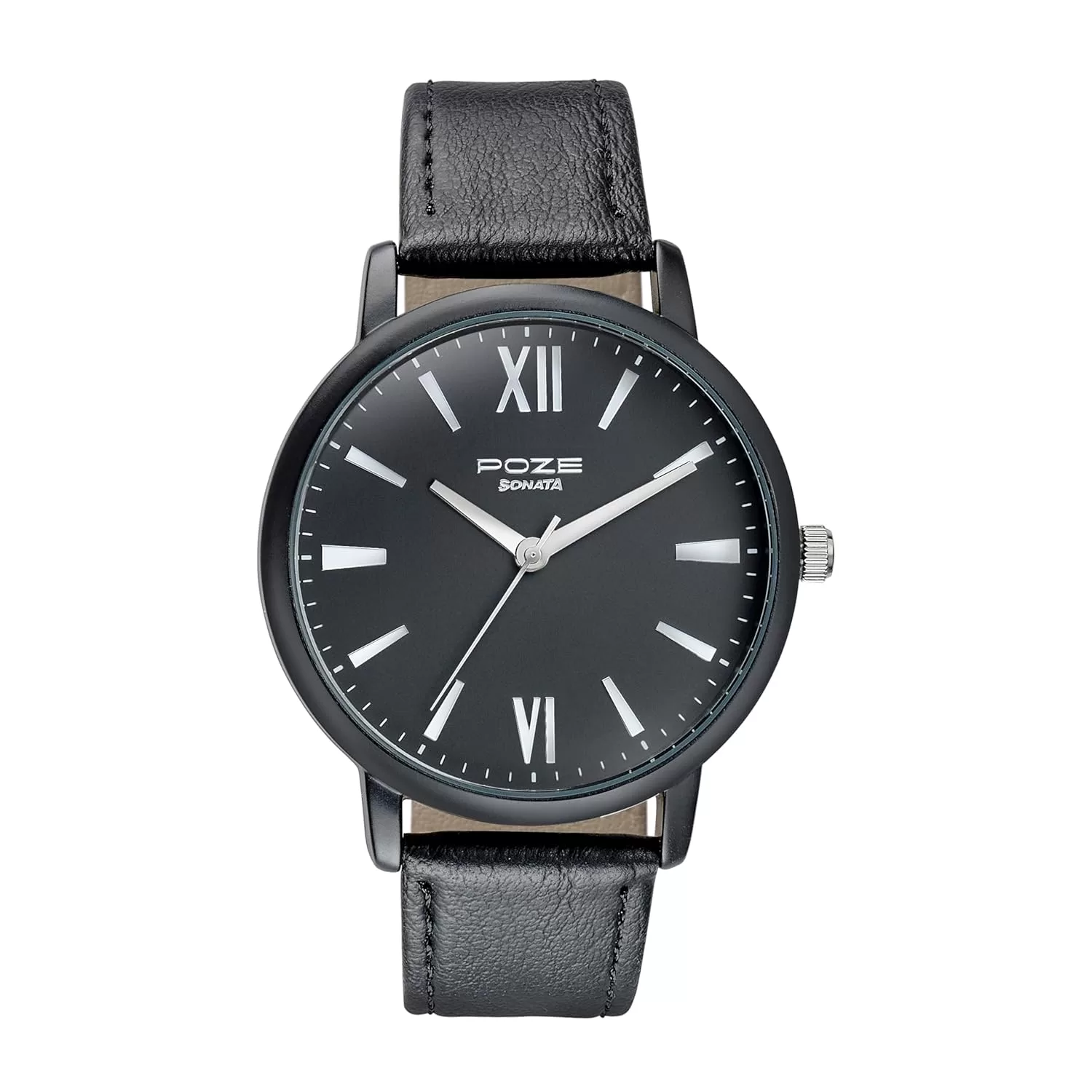 Sonata Poze Quartz Analog Black Dial Leather Strap Watch for Men-SP70039KL01W