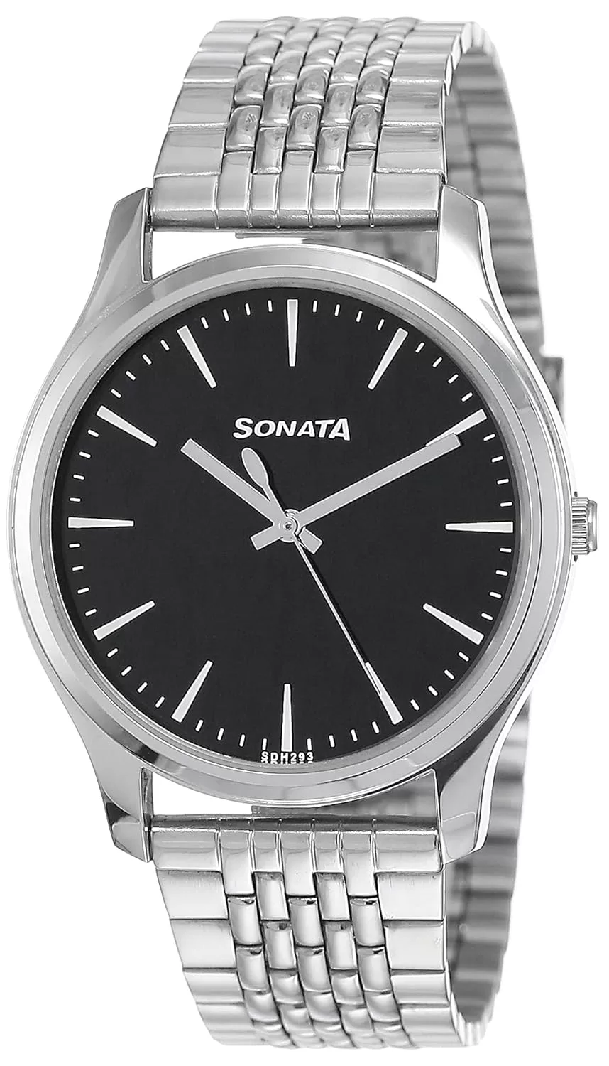 Sonata Quartz Analog Black Dial Stainless Steel Strap Watch for Men-NS77082SM01