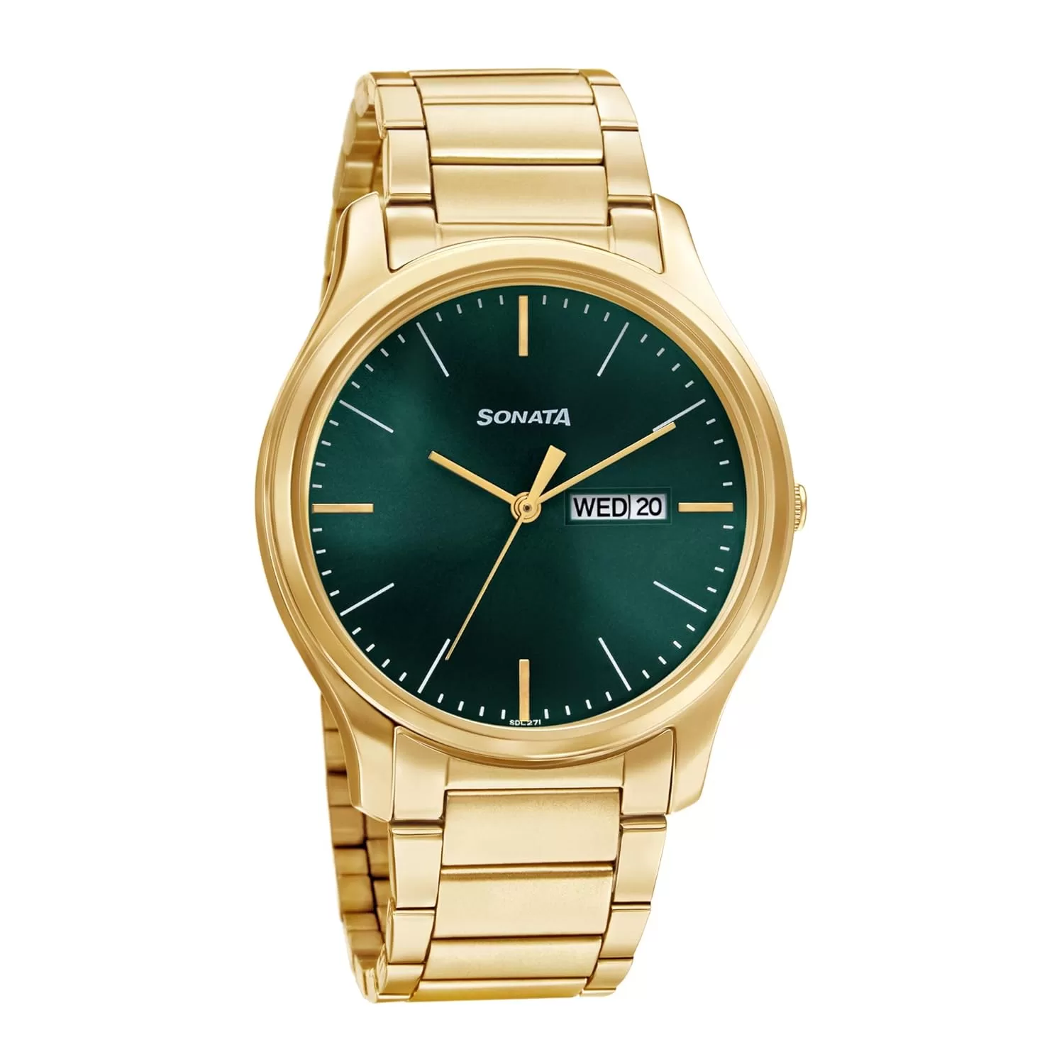 Sonata Quartz Analog with Day and Date Green Dial Stainless Steel Strap Watch for Men-NS77082YM05W