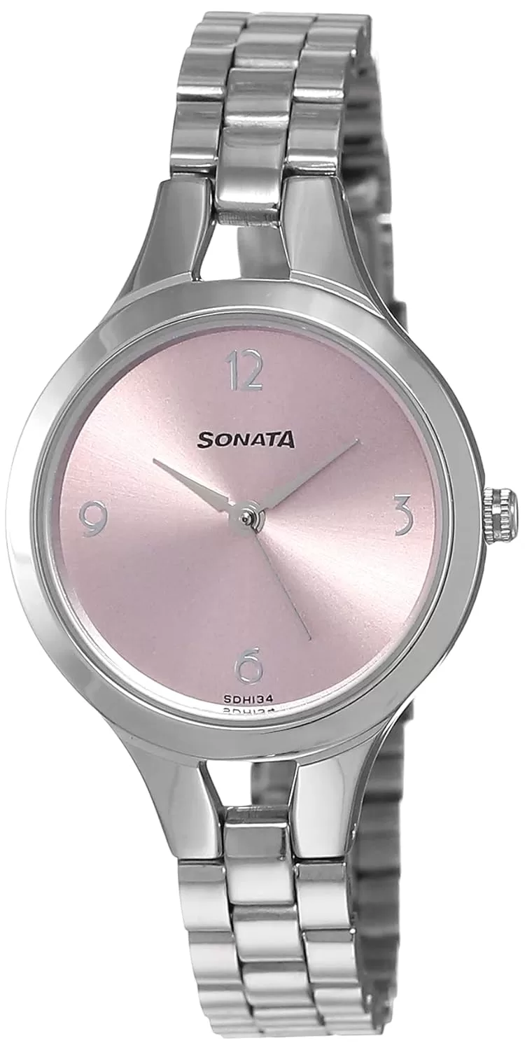 Sonata Steel Daisies Pink Dial Women Watch With Stainless Steel Strap-NR8151SM03