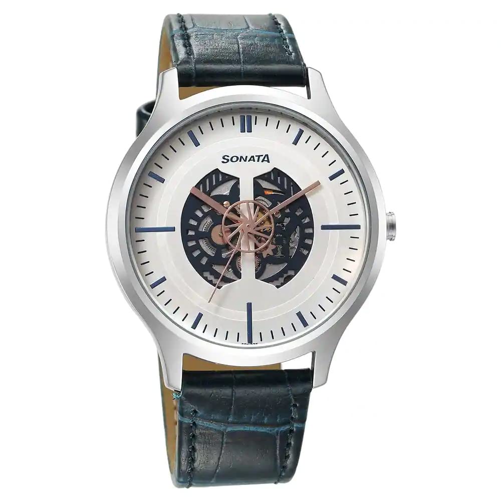 Sonata Unveil Quartz Multifunction Silver Dial Leather Strap Watch for Men-7140SL06