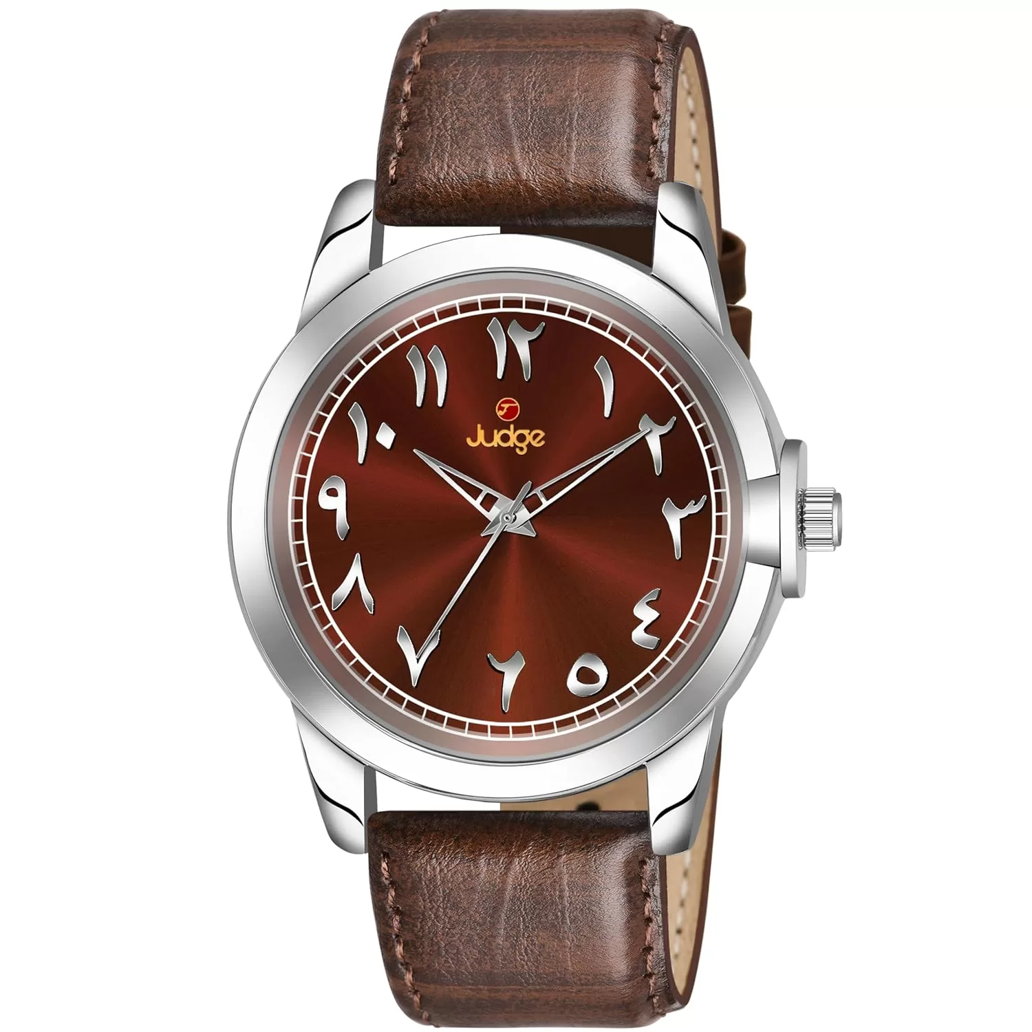 judge Brand Arabic Numeral Analogue Watch with Leather Strap, Stainless Steel Case, Brown Colour Casual Formally All Occasions Perfect Leather Belt Perfect Watch Dubai Special